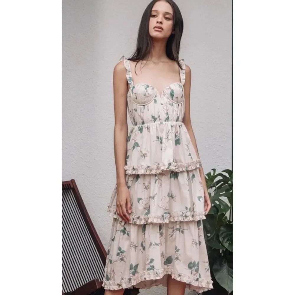 Sau Lee Peyton Pink Floral Bustier Midi Dress Cotton Lined Size 4